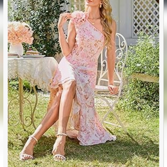 Elegant Pink Floral Hi Low One-Shoulder Dress NWT - Picture 6 of 16